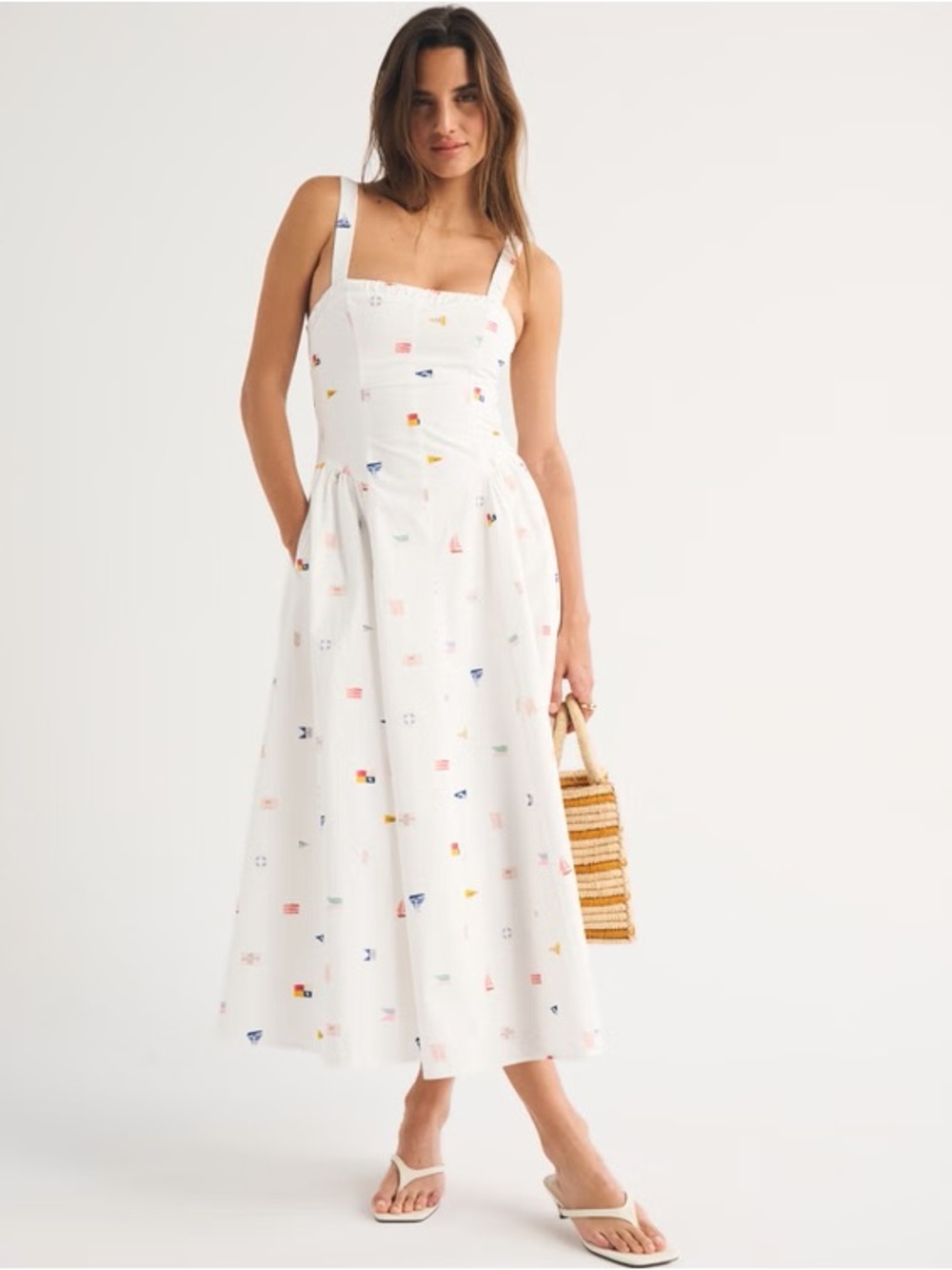 Abercrombie & Fitch White Midi Dress with Multicolor Micro Print